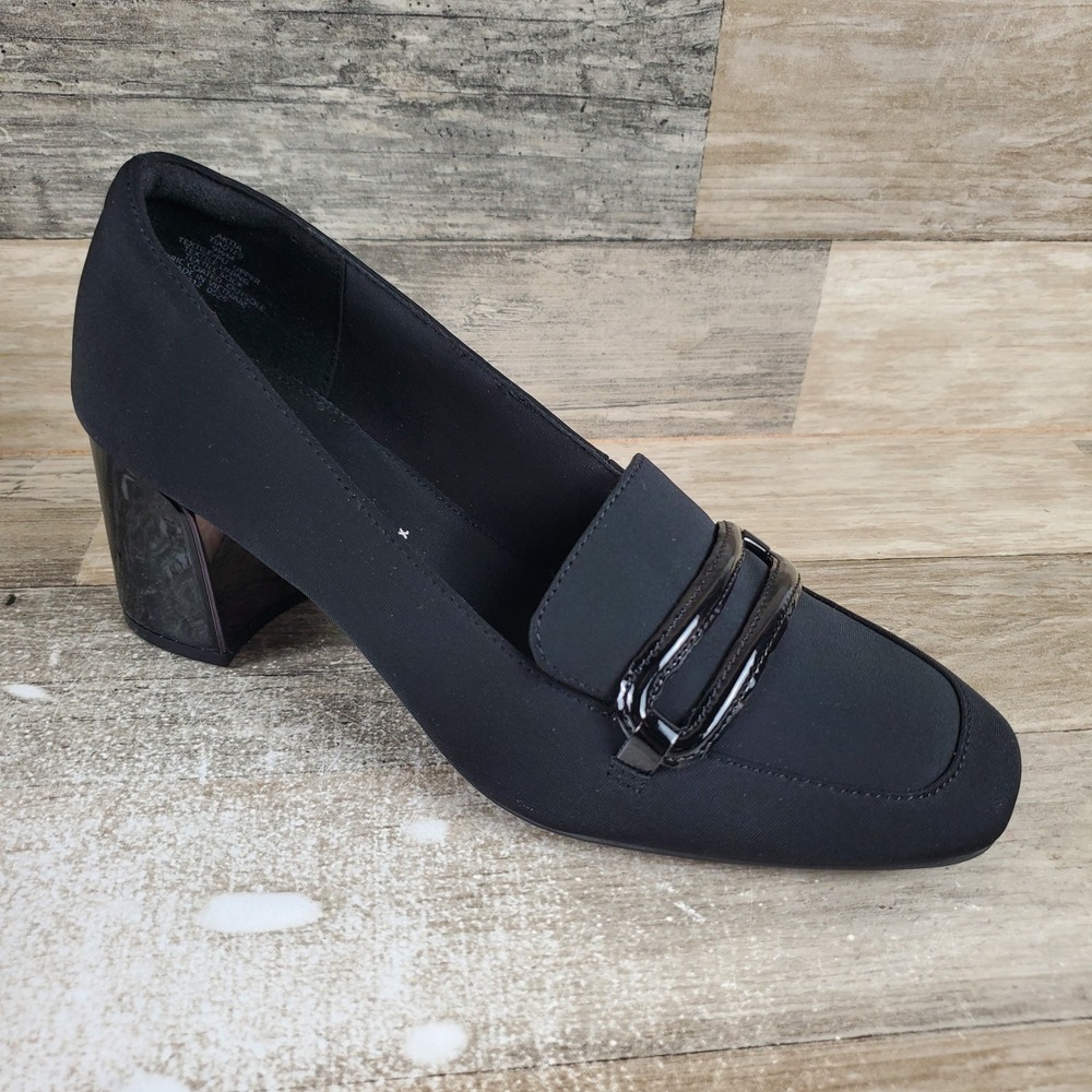 Anne Klein Tia Womens Pumps Sz 9.5 M Block Heel Black Stretch Comfort Slip-On